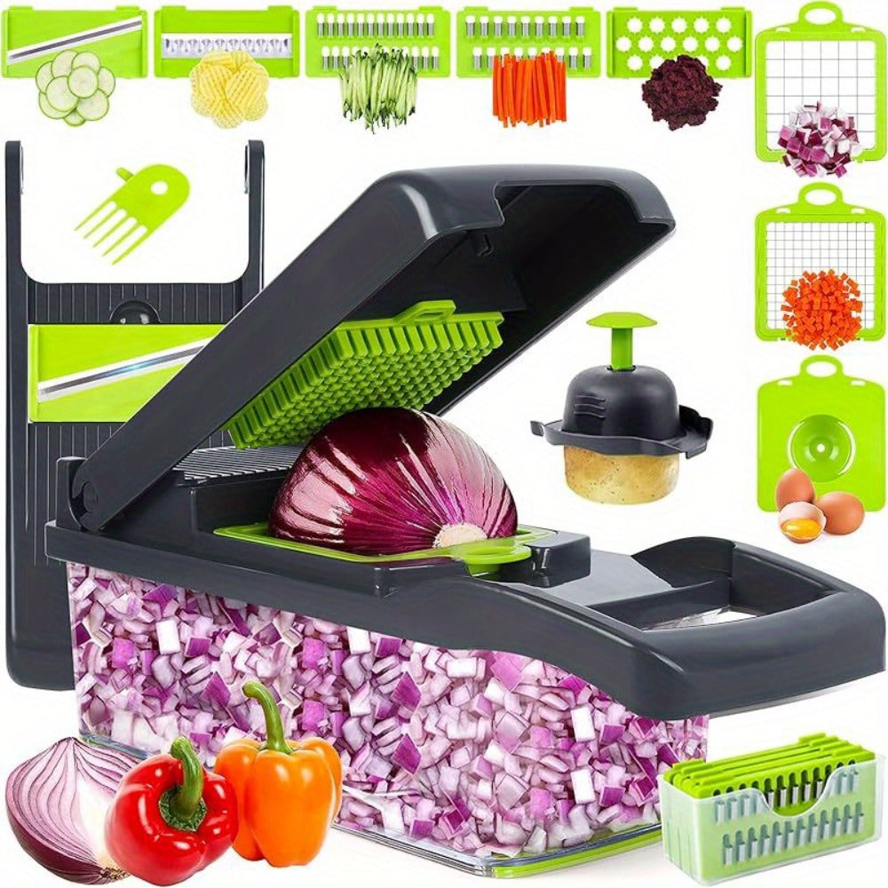 Vegetable Chopper 16-in-1 Manual Food Chopper Set ¨C 8 Interchangeable Blades with Container, Grater & Strainer ¨C Professional Onion Slicer & Dicer for Carrots, Garlic & Salad Kitchen Prep