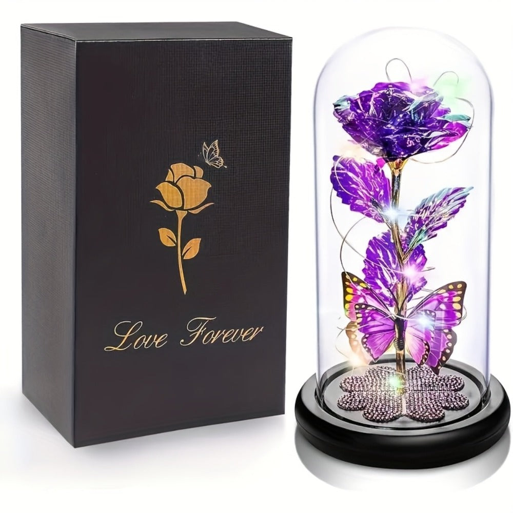Glass Rose Crystal Flower in Glass Dome with LED Glow - Eternal Galaxy Rose Gift for Women, Mom, Wife, Daughter, Birthday Valentine's Day Mother's Day Gift, Butterfly Decor