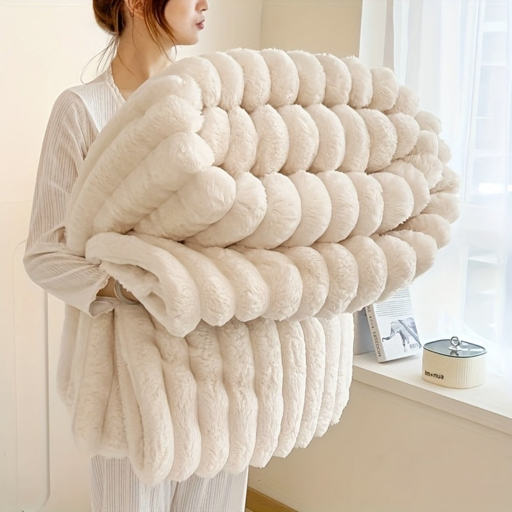 Reversible Faux Rabbit Hair Blanket ¨C Thickened Soft Thermal Throw for Bed, Nap, Office & Camping, All Season, 4 Colors, 5 Sizes