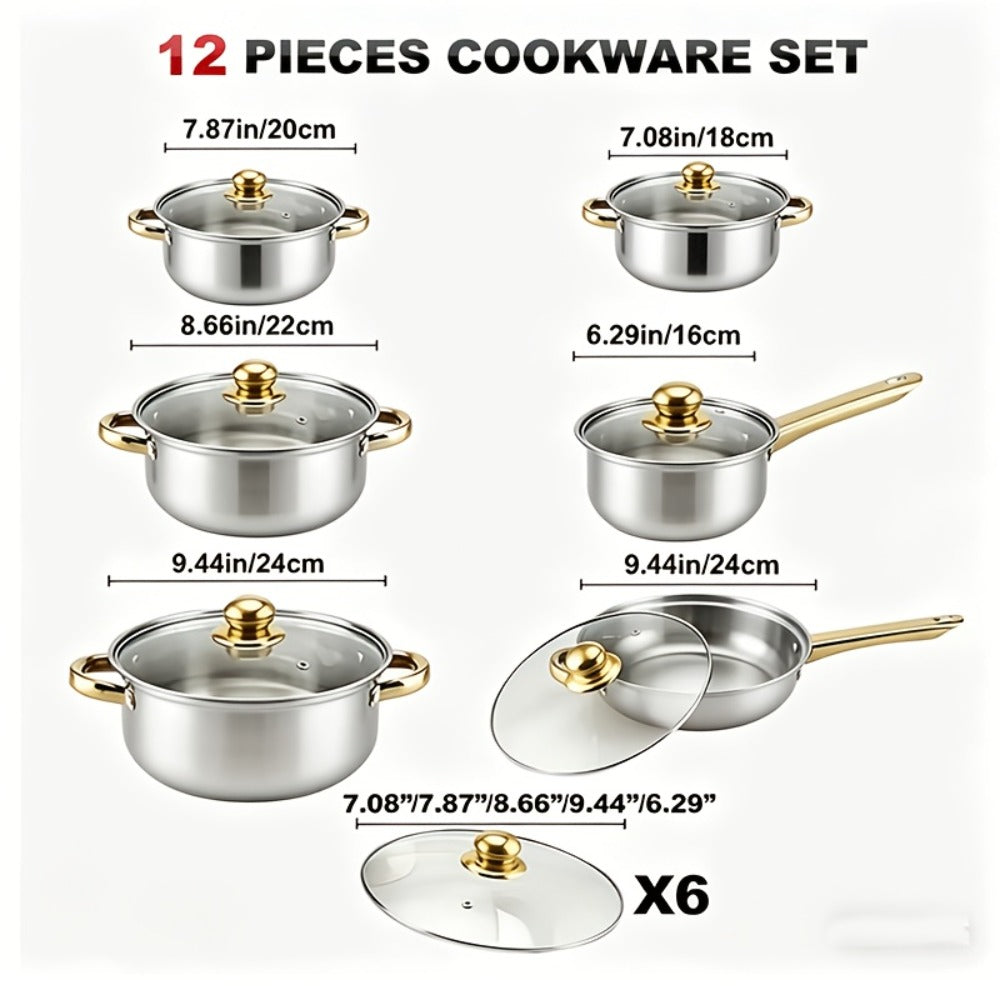 Stainless Steel Non-Stick Cookware Set 10/12pcs, 316 Grade Steel Frying Pan, Stockpot & Milk Pot with Lid, Multi-Functional Kitchen Cooking Set in Gold, Pink & Orange