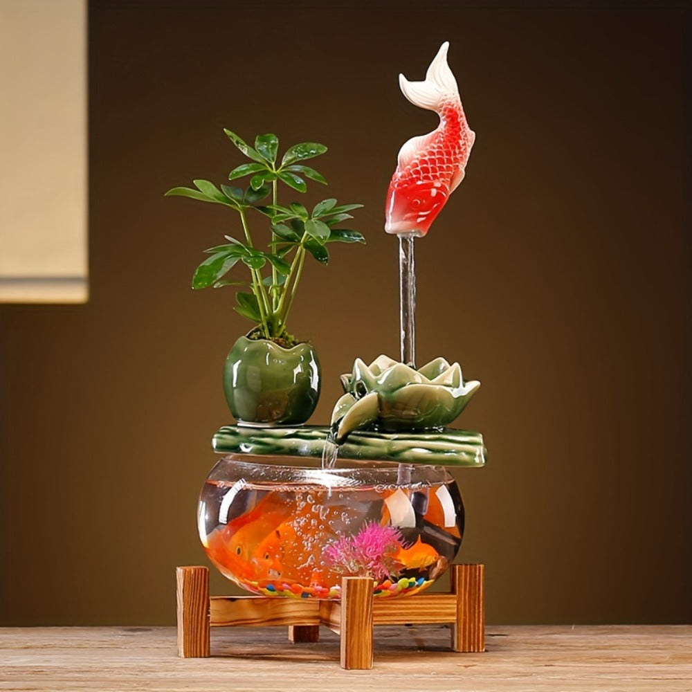 USB Desktop Fish Waterfall Fountain with Glass Bowl ¨C Relaxing Indoor Water Feature Tabletop Decor Zen Fountain Gift