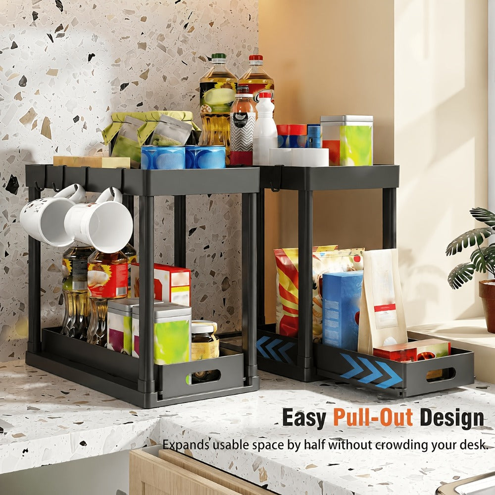 Under Sink Organizer 2pcs Double Tier Sliding Storage Basket with 8 Hooks ¨C Kitchen Bathroom Cabinet Rack Shelf
