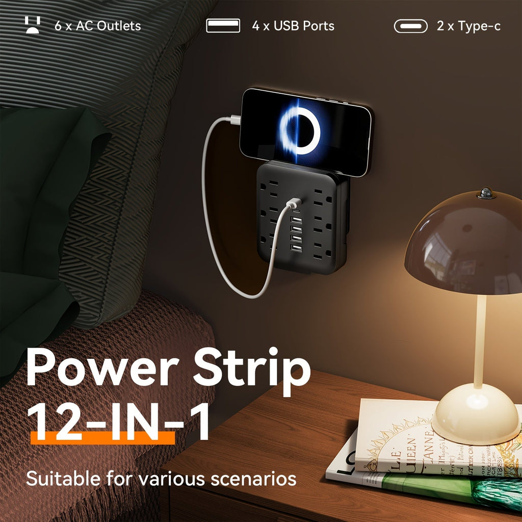Wall Power Strip 12-in-1 with 6 AC Outlets & 6 USB Ports (2 USB-C) ¨C Compact Space-Saving Plug, 110-130V US Plug for Home & Office ¨C White & Black