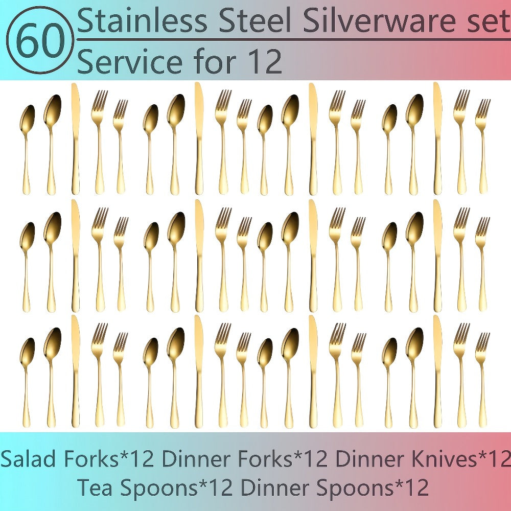 Flatware Set for 12, 60-Piece 304 Stainless Steel Cutlery Set with Mirror Polish & Titanium Plated Finish ¡ª Dishwasher Safe Silverware with Knife, Fork & Spoon | Silver, Gold & Rainbow