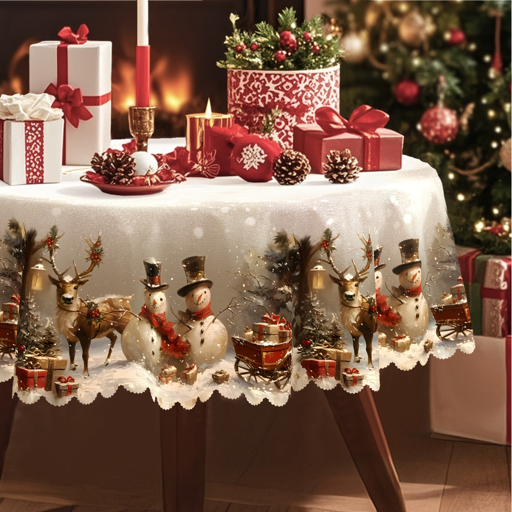Christmas Tablecloth Vintage Snowman Reindeer Christmas Tree Red Holiday Table Cover for Rectangular Round Oval Tables Durable Polyester Fabric Party Home Restaurant Decorations