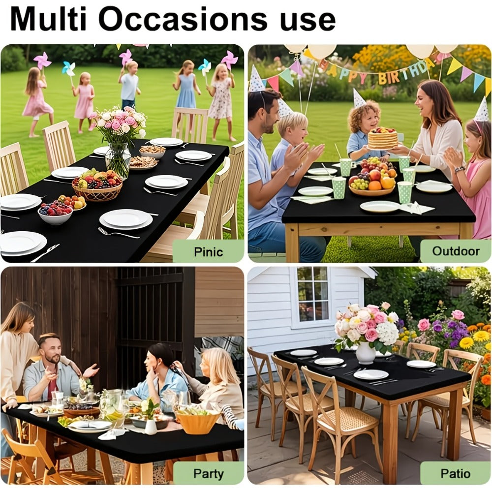 Stretch Table Covers 6Ft Washable Elastic Rectangle Tablecloth for Parties Weddings Picnics Camping, Spandex Polyester Blend, Fits Standard 6 Foot Tables, Set of 3 6 9 or 12, Black White Blue