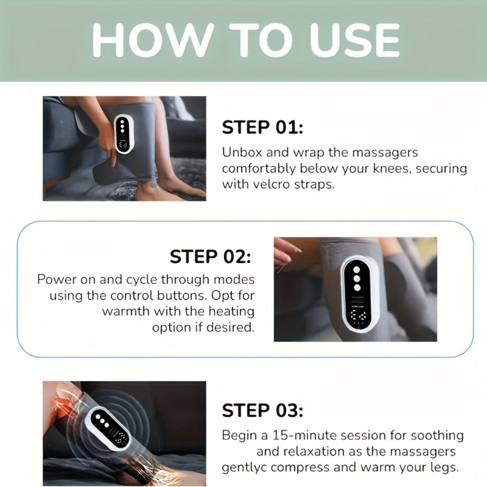 Compression Leg Massager Rechargeable - 2000mAh USB Portable Calf Thigh Knee Massager with 3 Intensity Levels 3 Temperature Settings for Circulation Pain Relief Recovery Holiday Gift Grey