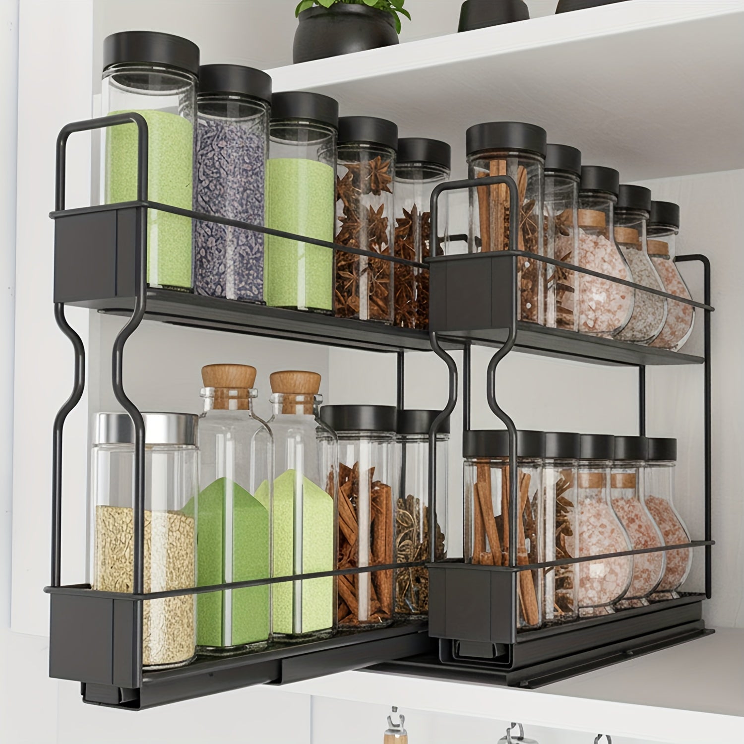 Spice Rack Organizer for Cabinet 2-Tier Heavy Duty Slide-Out Drawers with 415 Labels Steel Pull-Out Spice Drawer for Kitchen Cabinet Space-Saving Seasoning Storage