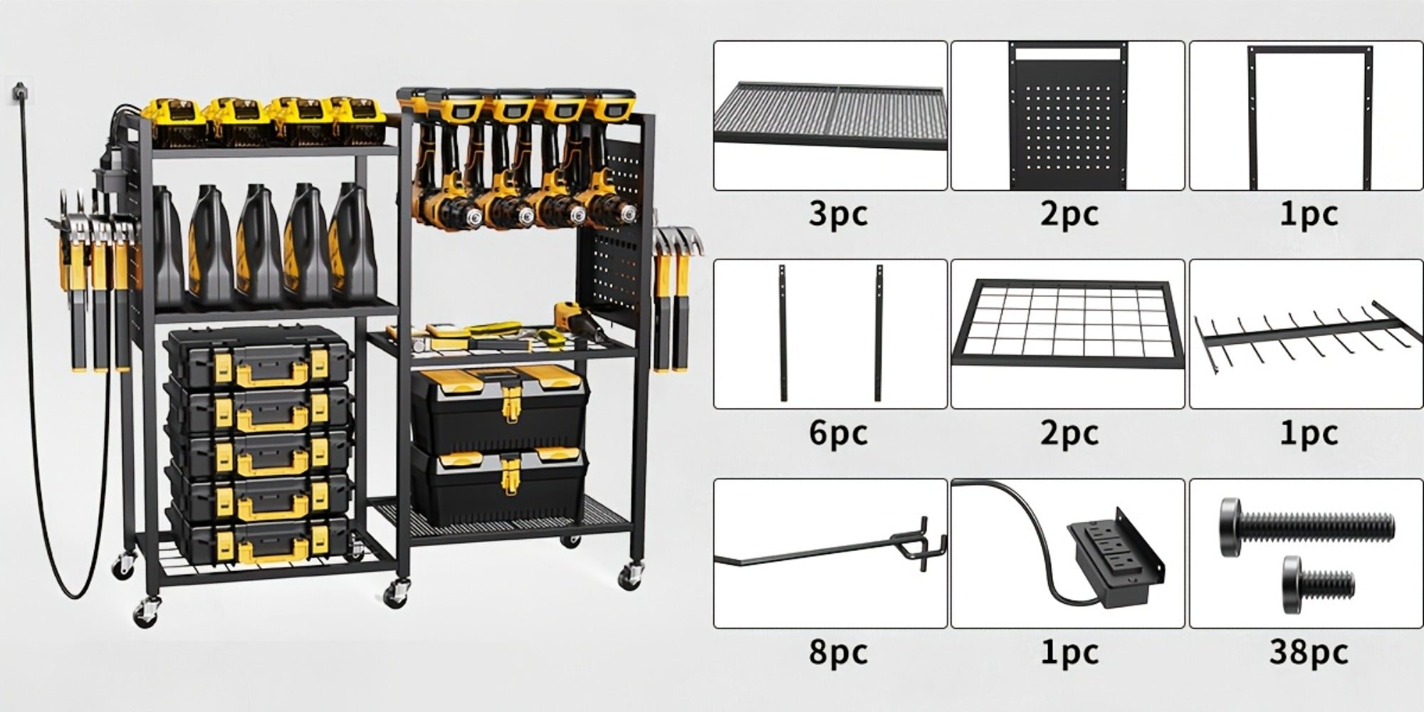 Mobile Tool Cart with Charging Station ¨C 12 Drill Holders & 5 Storage Shelves Power Tool Organizer | Rolling Utility Rack Toolbox with Battery Charging Power Strip for Garage & Workshop | 4 Colors