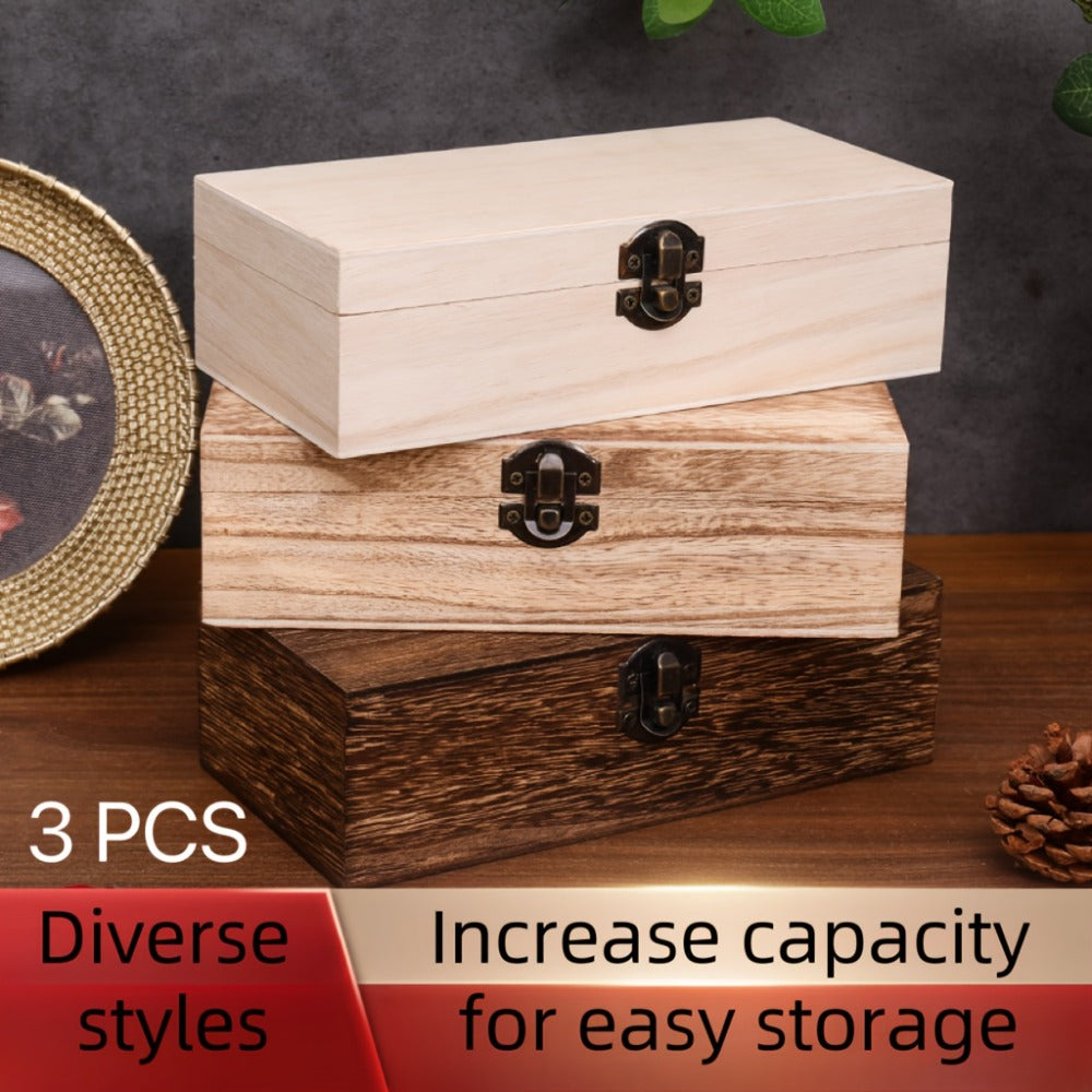 Jewelry Box with Lid & Lock Clasp Set of 3 ¨C Vintage Wooden Storage Boxes for Jewelry, Daily Essentials & Gift Packaging, Versatile Home Organizer in 3 Colors