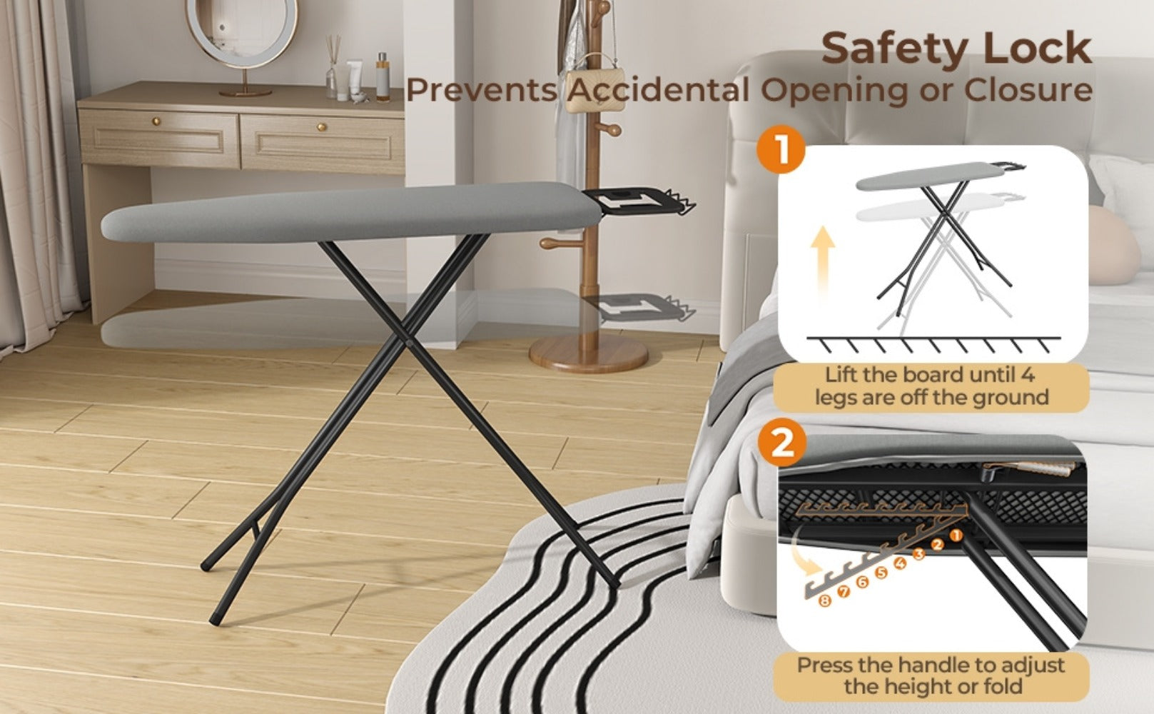 Ironing Board Full Size Adjustable Height Foldable Iron Board with 4-Leg Stand 4-Layer Thick Pad Iron Rest Safety Lock for Home Dorm Laundry Room