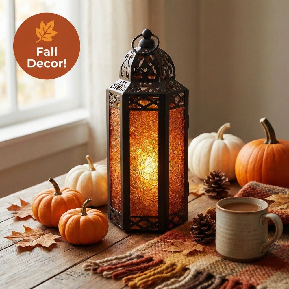 Moroccan Candle Lantern Holder - Decorative Metal & Glass Lantern with Embossed Floral Design for Indoor Home Decor, Garden, Patio, Weddings, Ramadan, Halloween & Holiday Celebrations - 10.5¡± Tall Medium Size