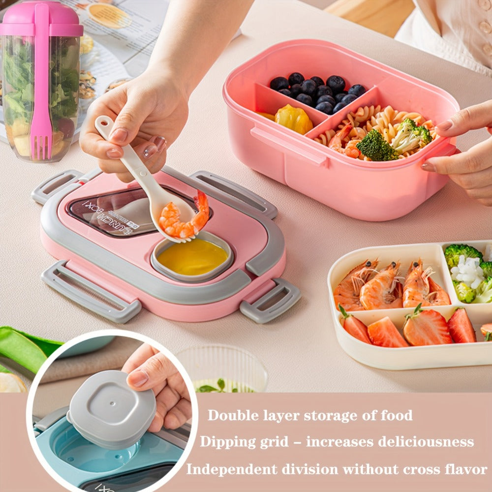 2-Layer Bento Lunch Box Set with Cup and Meal Bag - Multi-Grid Lunch Box for School, Office & Outdoor Picnics, Food Storage Container with Milk Cup, Salad Cup, Coffee Cup or Soup Bowl, Pink Blue Green White