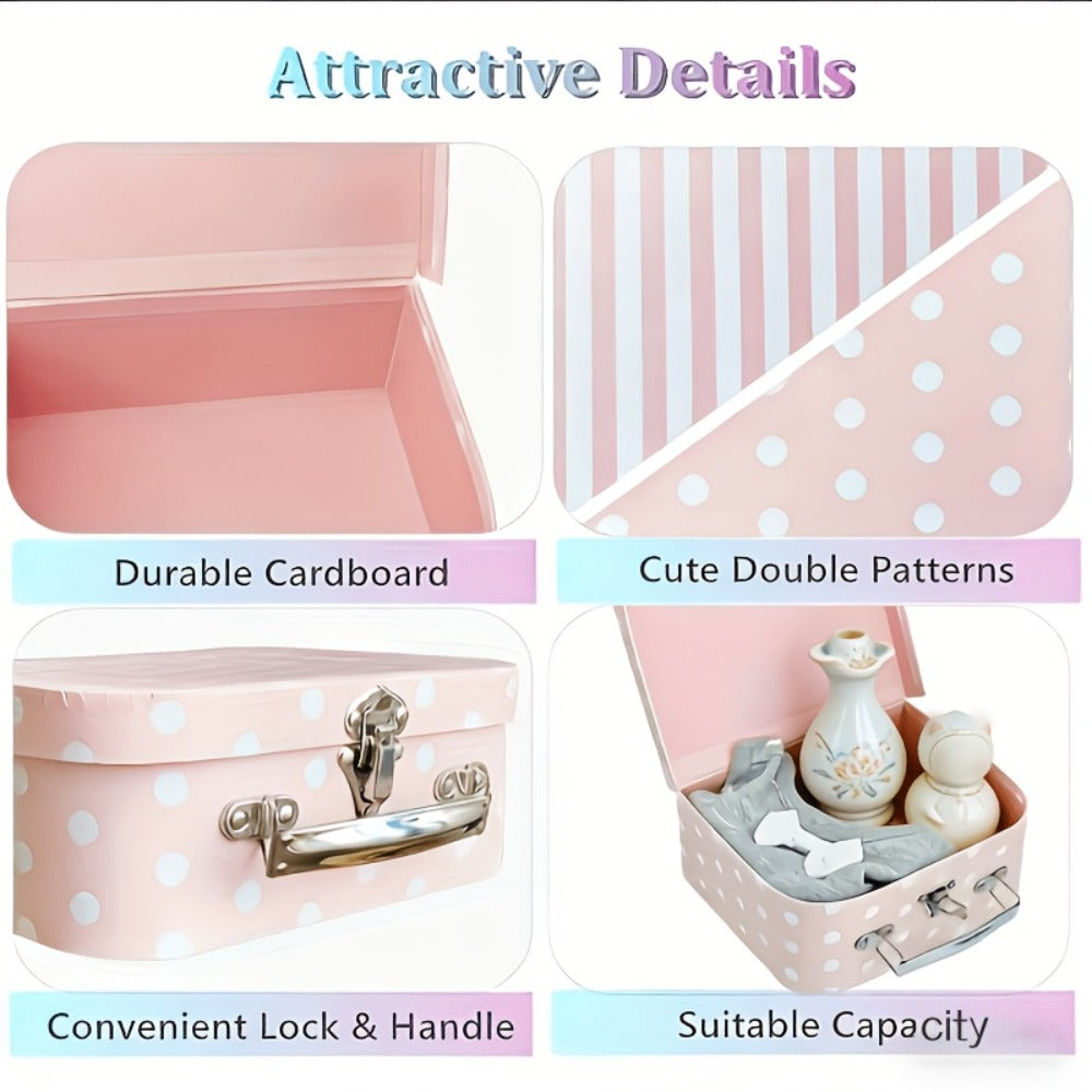 Vintage Cardboard Suitcase Set of 3 with Polka Dot Design & Lid - Decorative Storage Boxes for Wedding Party Favors Souvenirs Photos, Valentine Anniversary Christmas Gift Box