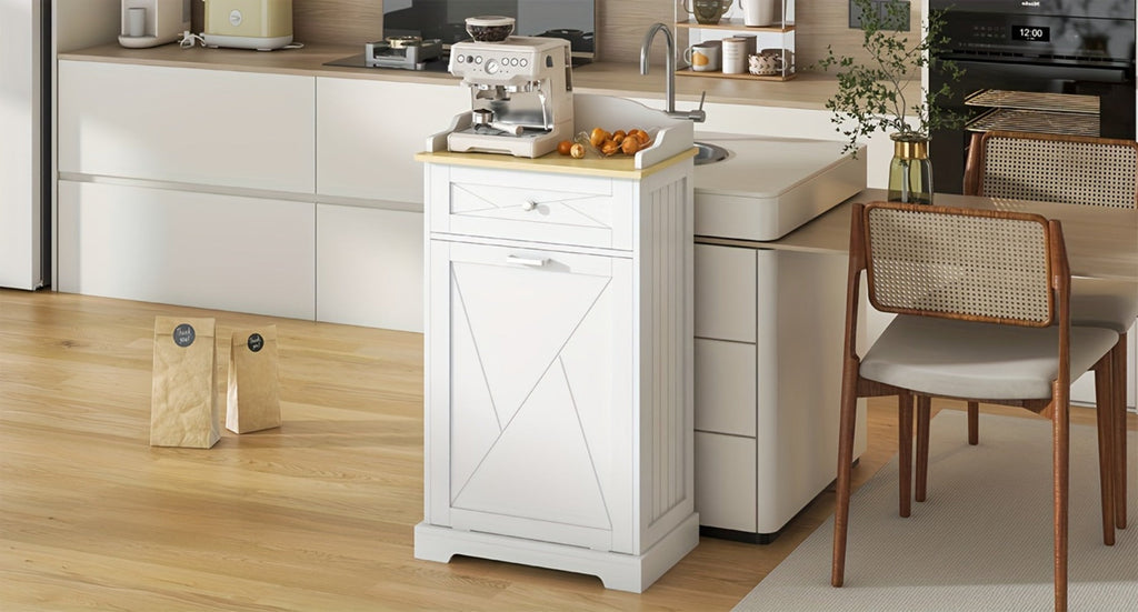 Tilt Out Trash Can Cabinet 12 Gallon Hidden Kitchen Trash Cabinet with Drawers, Pantry Storage, Laundry Hamper Cabinet