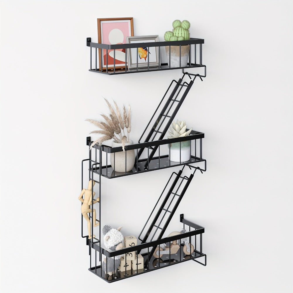 Floating Wall Shelf 3 Tier Black Metal Ladder Shelf - Fire Escape Decorative Wall Shelves for Bedroom, Bathroom, Home Office Storage and Display, Room Decor, Wall Art Shelf