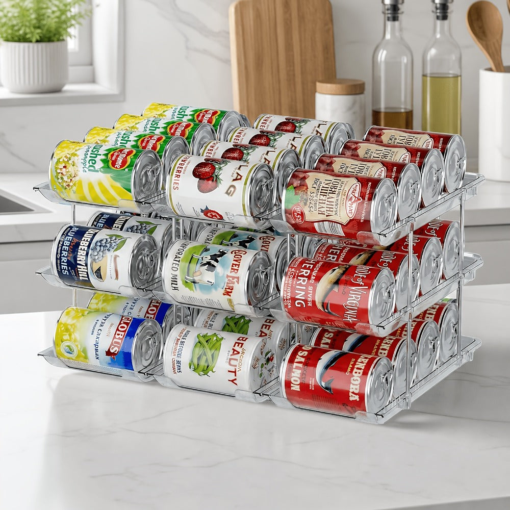 Can Storage Rack Pantry Organizer 36-Can Capacity 3-Tier Auto-Rolling Stackable | Transparent PET Canned Food Organizer for Kitchen Pantry Garage Dorm | Tool-Free Assembly for Soda Soup Vegetable Cans