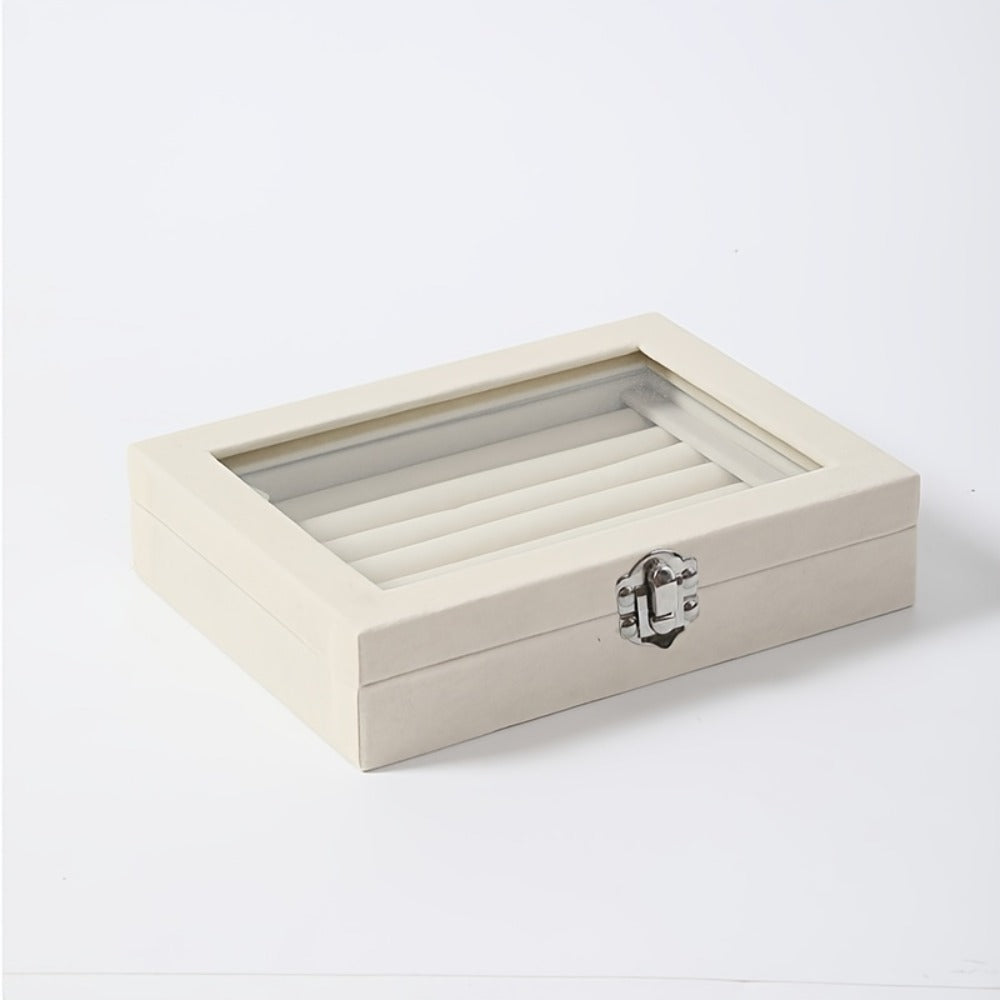 Jewelry Box with Locking Lid ¨C 49-Ring Capacity Glass-Like Plastic Ring & Earring Organizer, Large Rectangular Storage Case, Waterproof Anti-Tarnish, 4 Colors, Holiday Gift