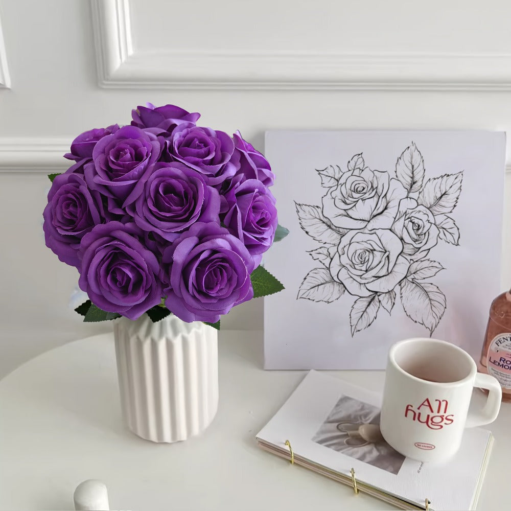 10pcs Artificial Silk Roses Bulk - Fake Flowers for Wedding Home Decor, 19.69¡± Long Stem, Deep Purple & Dark Green