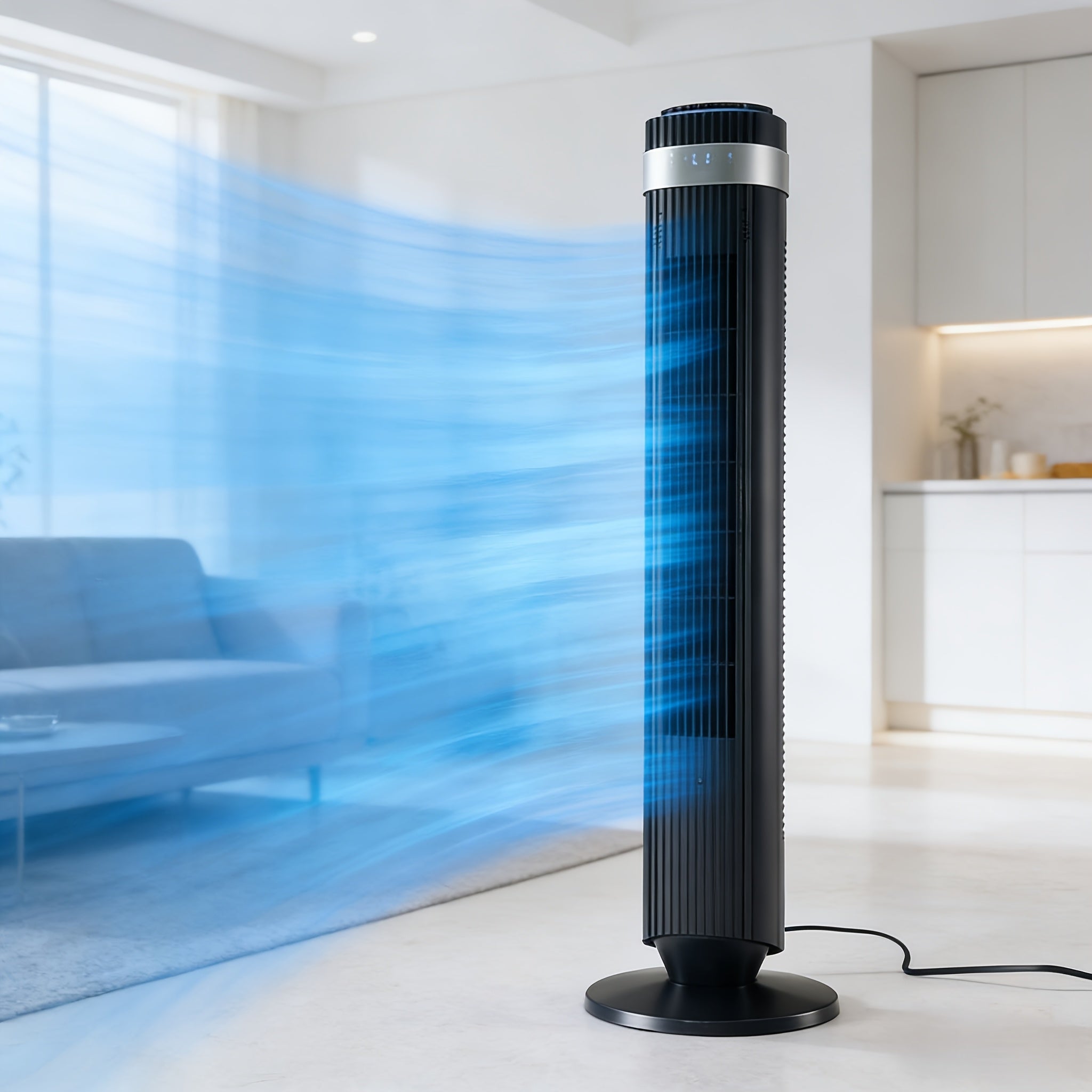 Bladeless Tower Fan with Remote Control, Silent Floor Fan with LED Display 4 Speed Settings & 12-Hour Timer, Quiet Tower Fan for Living Room Bedroom Office, Modern Air Circulator Fan Black White Grey