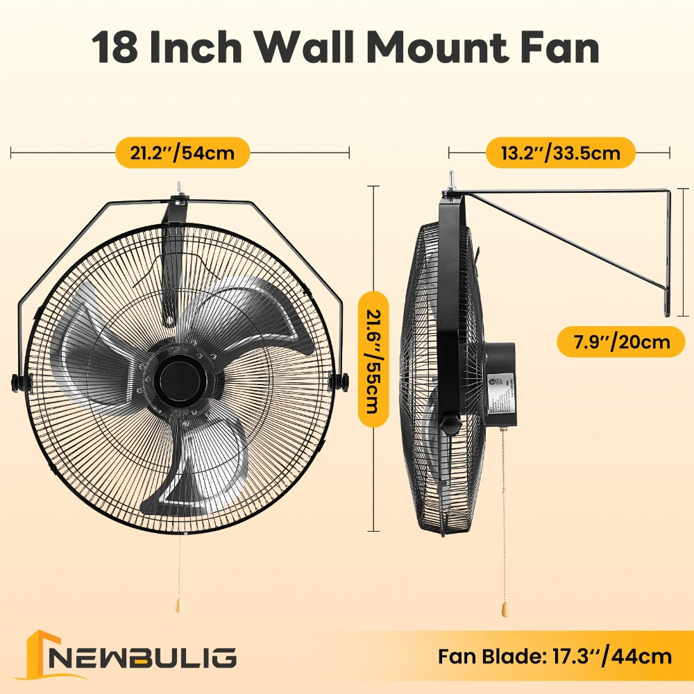 Wall Mount Fan 18/20 Inch Metal High Velocity 3-Speed Oscillating Industrial Fan 3000CFM Aluminum Blades 65dB Quiet Heavy Duty for Garage Workshop Patio Warehouse