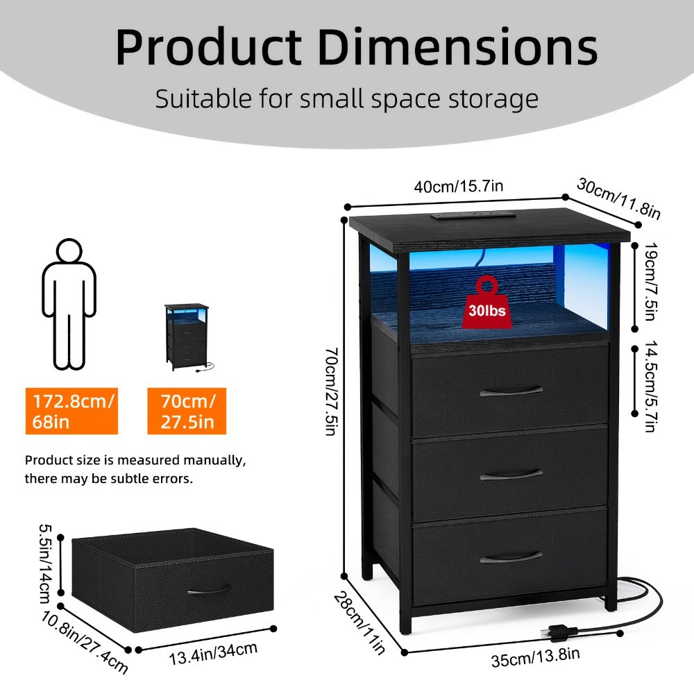 Nightstand with Charging Station & USB Port | 3-Drawer Bedside Table with LED Light, Heavy Duty End Table for Bedroom, Dorm & Small Spaces