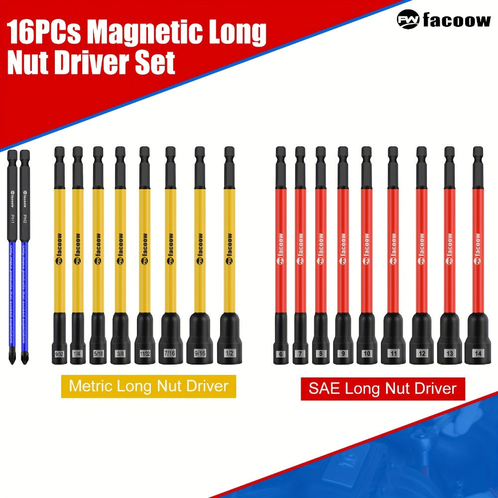 Magnetic Nut Driver Set 19PCS ¨C SAE & Metric | 1/4¡± Hex Shank 6¡± Long | PH1 & PH2 for Impact Drills | Magnetic Socket Set with Sturdy Tool Case | Professional & DIY Projects