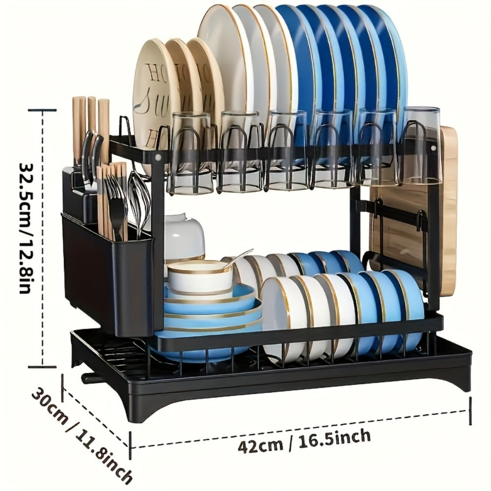 2-Tier Dish Drying Rack with Drip Tray Large Kitchen Counter Dish Drainer