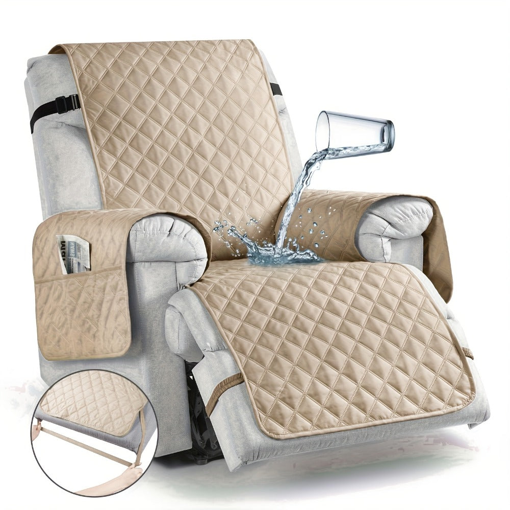 Waterproof Recliner Chair Cover with Pocket | Non-Slip Washable Reclining Sofa Protector for Dogs Cats, Adjustable Strap