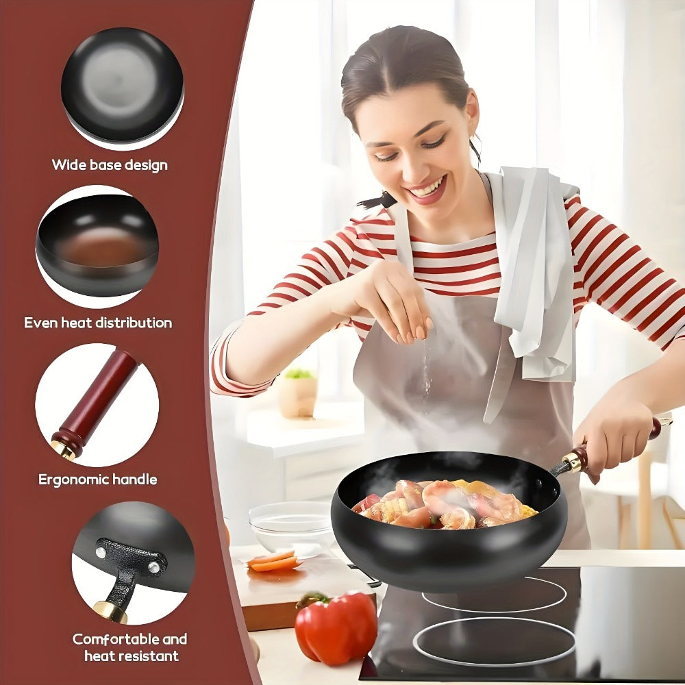 Wok Pan Carbon Steel Japanese Style Large Belly Uncoated Traditional Stir Fry Pan with Heat Resistant Handle Compatible with Gas Induction and All Stovetops for Stir Fry Soup Stew Camping Cooking