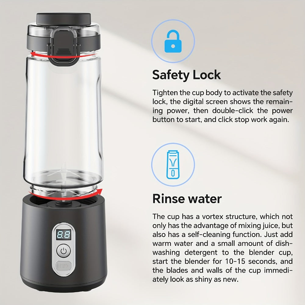 Portable Smoothie Blender USB-C Fast Charge 6-Blade Stainless Steel ¨C Digital Timer Battery Display High-Speed Ice Crush No-Spill Lid | Protein Shake Gym Travel Blender in Black Pink White