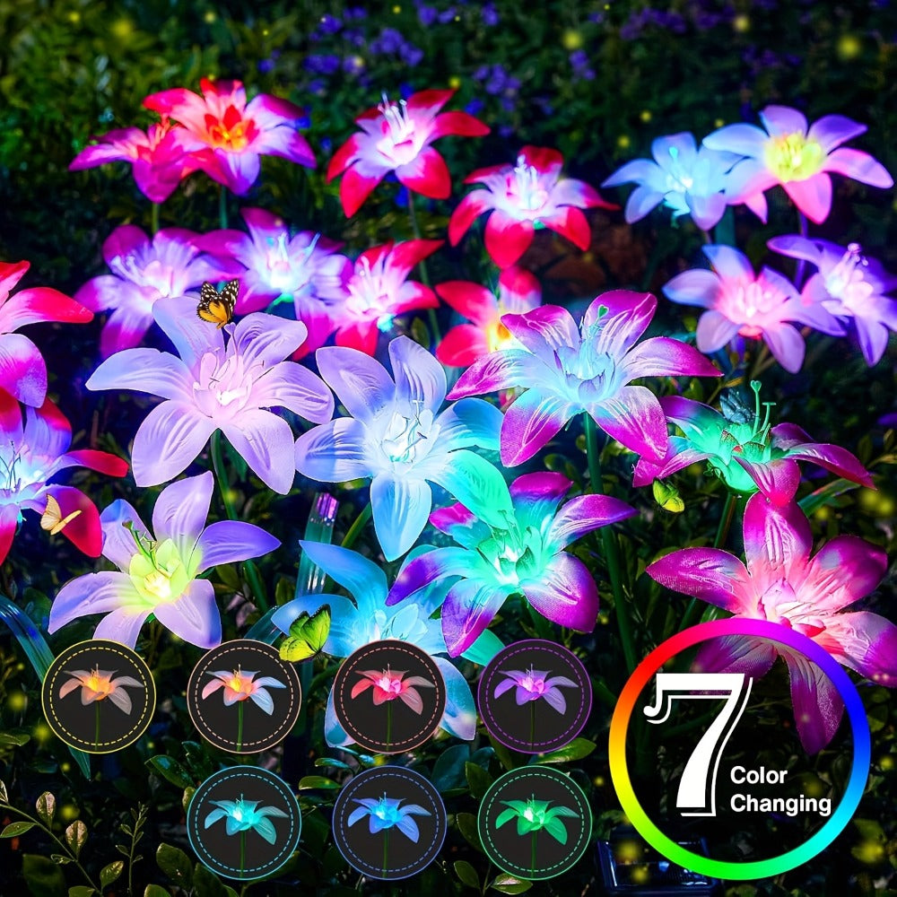 Solar Garden Lights Blooming Lily Flower | 7 Color Changing LED | Waterproof Outdoor Solar Stake Lights | Yard Patio Pathway Gravestone Decor | 2 4 12 Pack Solar Flower Lights