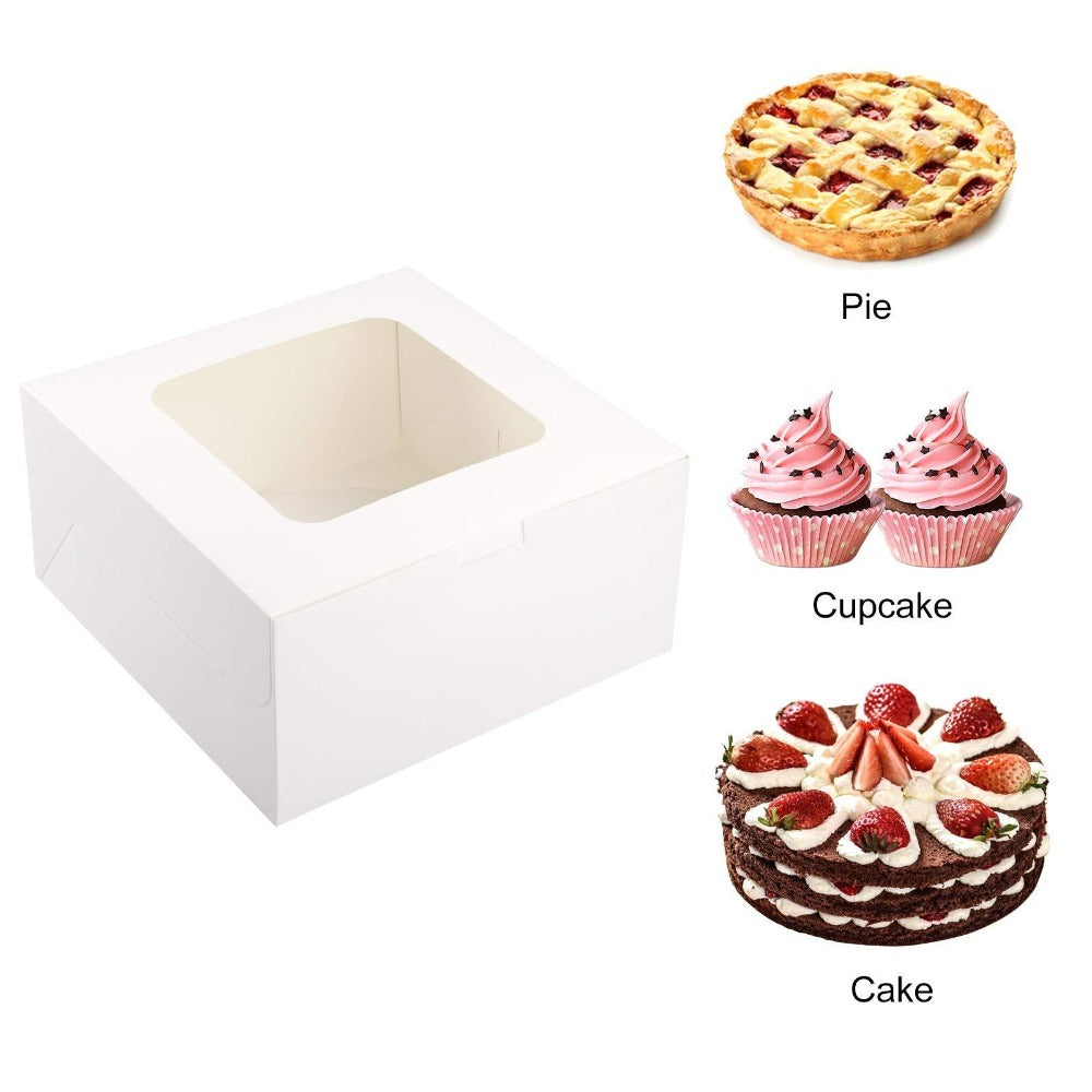 Cake Boxes 10 Sets 10x10x5 Inch White Square Bakery Boxes with Window Red Ribbon and Round Cake Boards for Birthday Party Wedding Holiday Baking Gift Packaging
