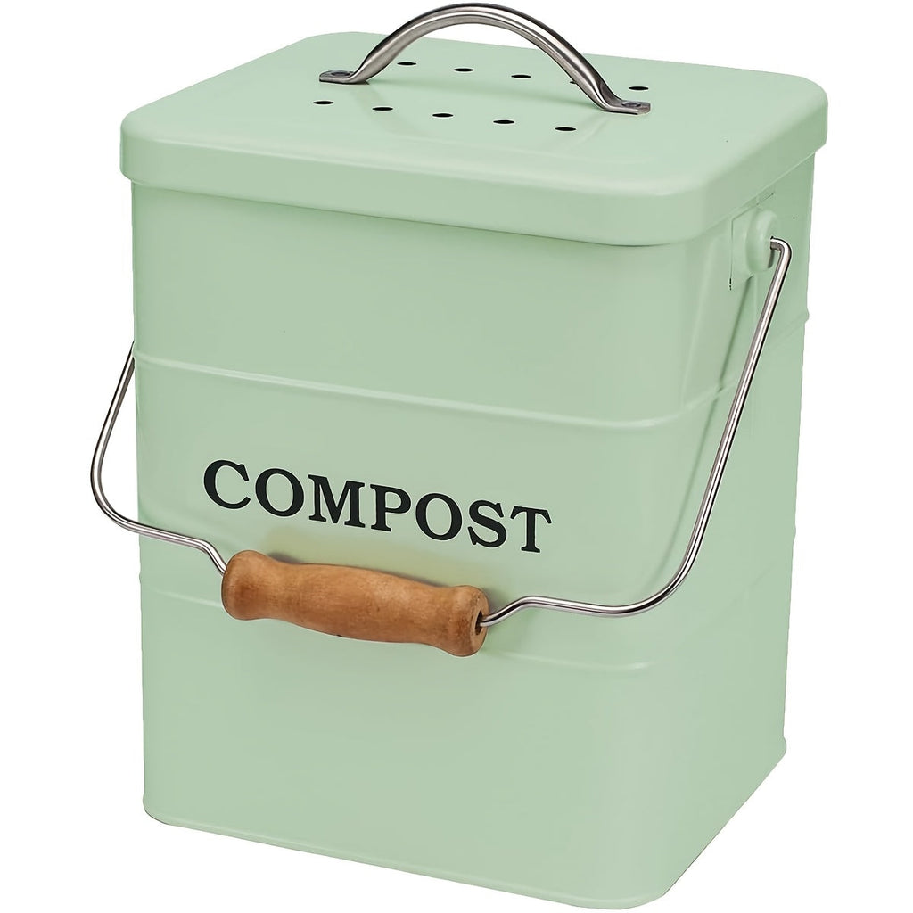 Kitchen Compost Bin 1 Gallon with Charcoal Filter & Wooden Handle, Odor-Free Indoor Countertop Food Waste Bin, Metal Compost Bucket for Home Kitchen, Available in Black, White, Gray, Green