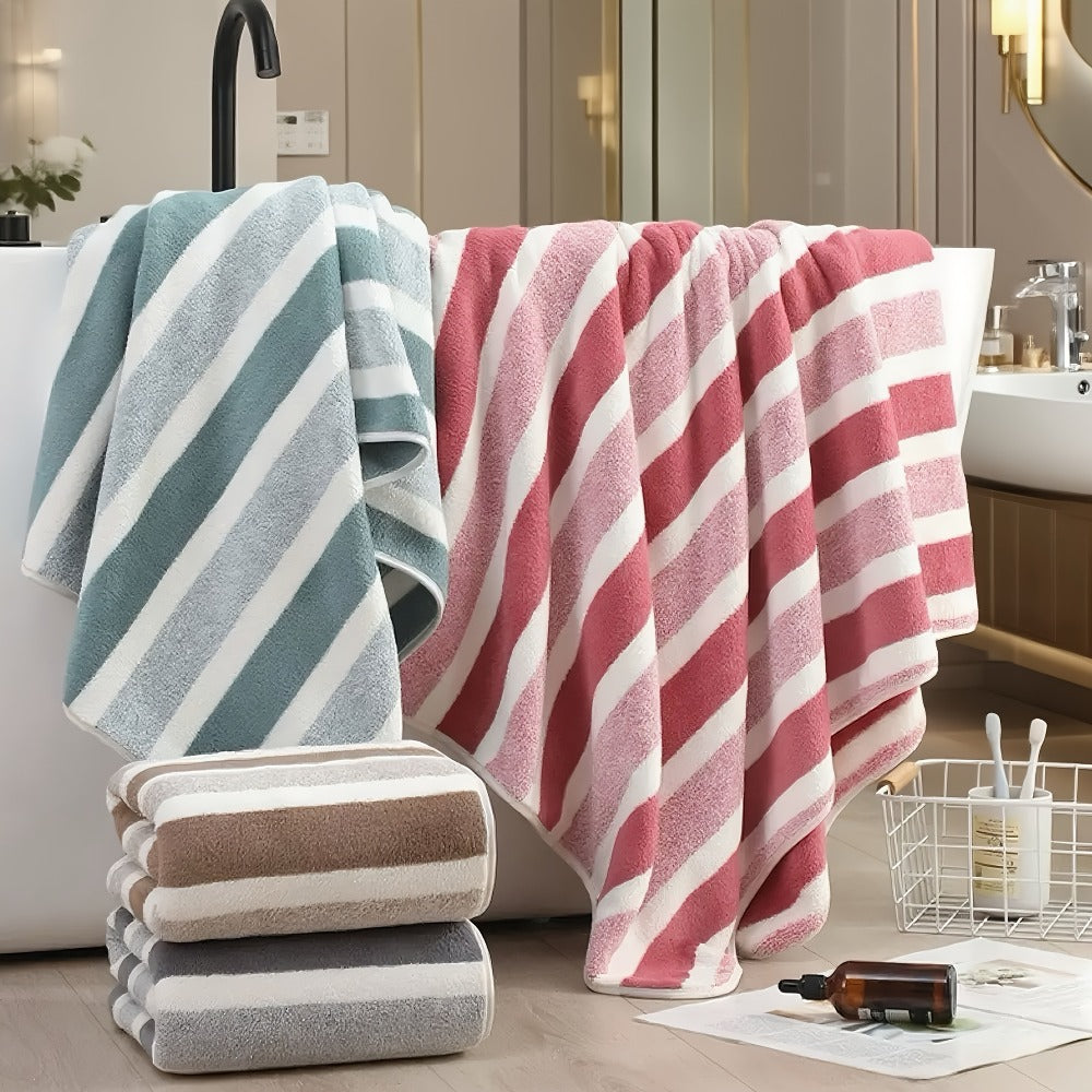 Microfiber Bath Towel Set No Hair Loss - Ultra Soft Highly Absorbent Quick Dry Two-Color Striped | 1 or 4 Pack | 27x55in | Slate Gray Berry Red Pine Green Multi | Beach Spa Gym Home Bathroom