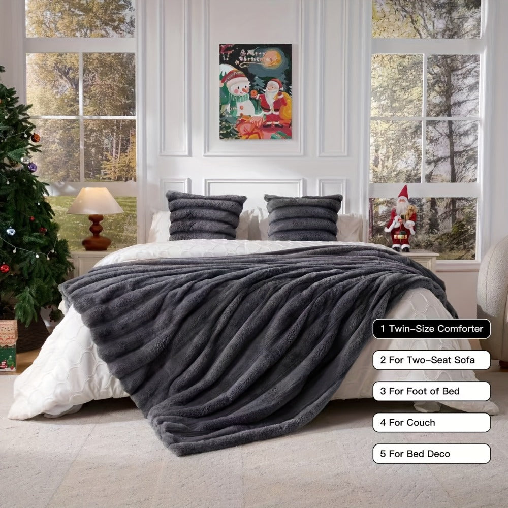 Double-Layer Faux Rabbit Fleece Blanket ¨C 450-500gsm Thickened Soft Warm Throw for Bed, Couch & Travel, All Season, 3 Colors, 5 Sizes