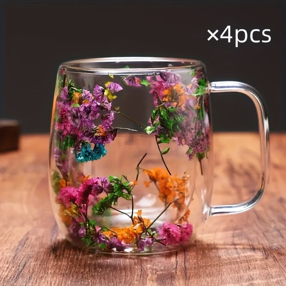 Double Wall Glass Coffee Cups with Handle Set of 4 ¨C Borosilicate Thermal Mugs for Latte Cappuccino Tea | Dried Flower & Petal Design Transparent Drinkware for Office Home Gifts