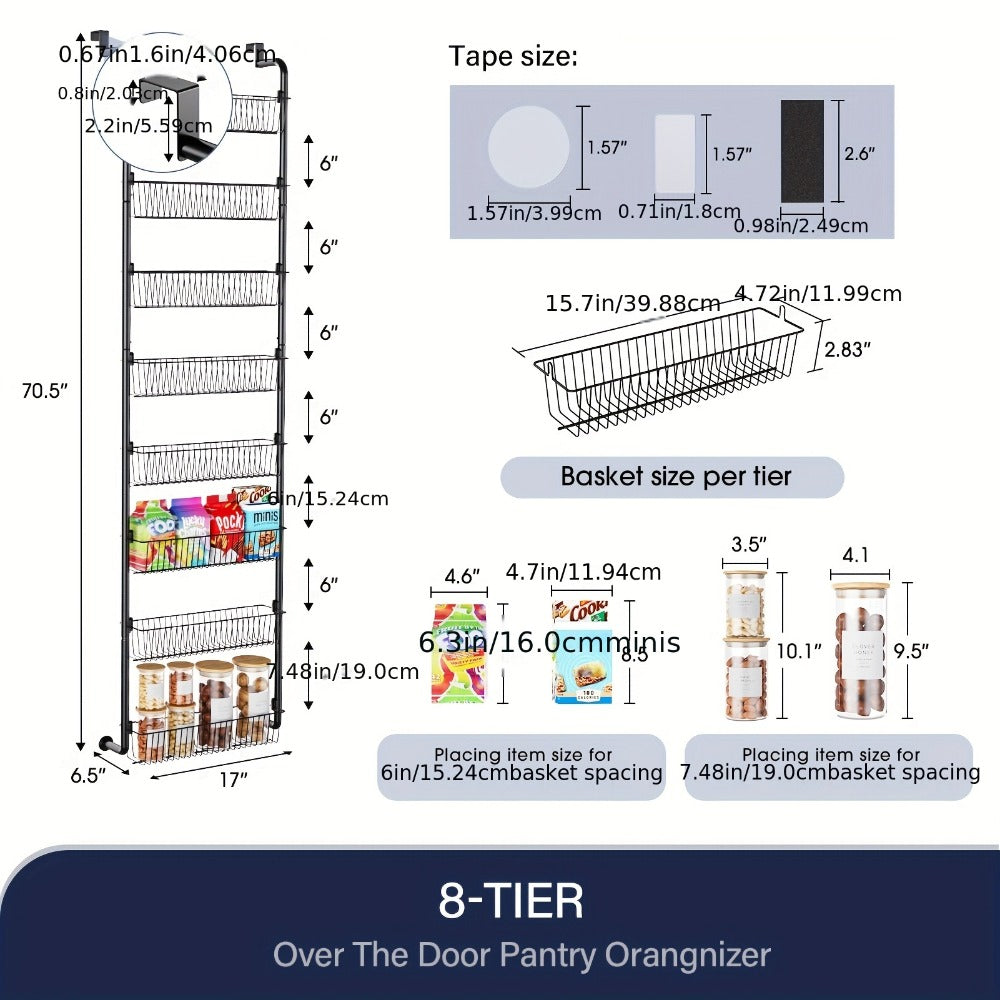 Over The Door Organizer - Heavy Duty Multi-Layer Pantry Storage Rack for Kitchen Bathroom Laundry Room, Space Saving Door Hanging Shelf, 6 or 8 Tier Metal Spice Food Storage Cabinet