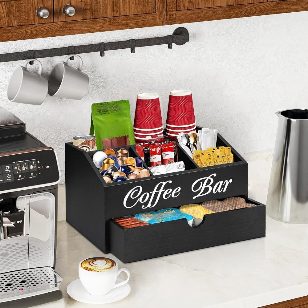 Coffee Bar Organizer with Drawer | Wood Countertop Coffee Station Organizer | 5-Compartment K-Cup Pod Holder Tea Condiment Storage | Rustic Farmhouse Coffee Bar Decor for Kitchen Counter
