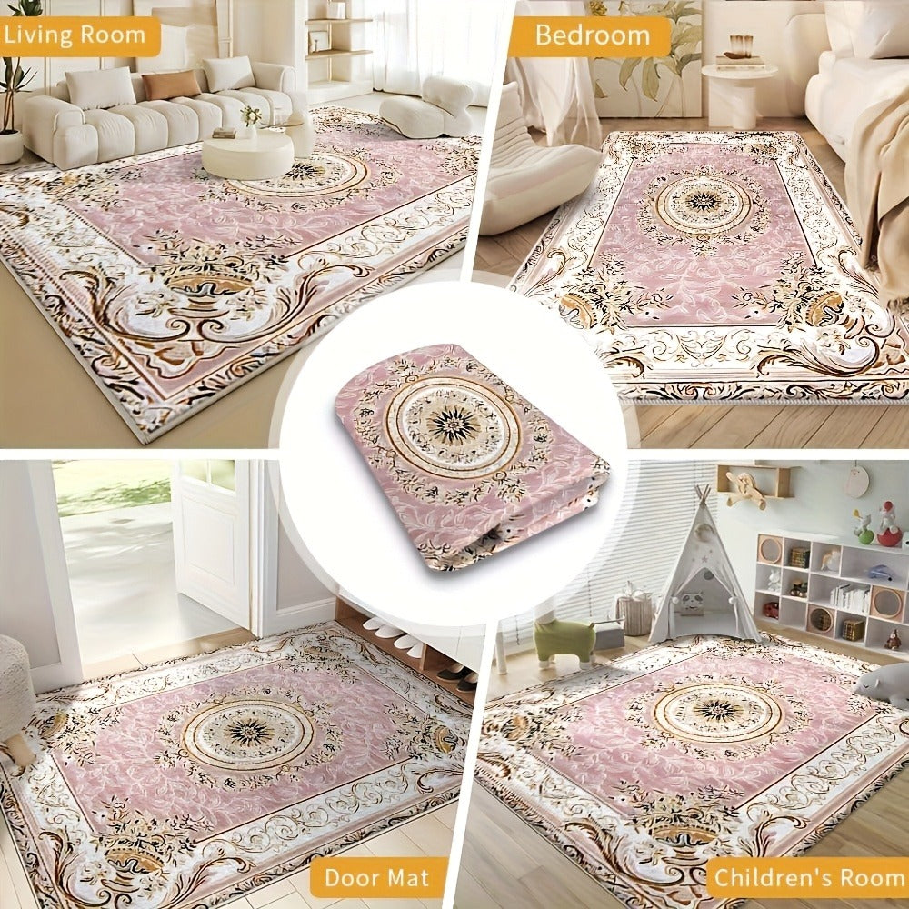 Luxury Velvet Area Rug 852 GSM Machine Washable Low-Pile Floral Checkered Non-Slip Polyester Carpet for Bedroom Living Room Dining Room Office Vintage Elegant Home Decor