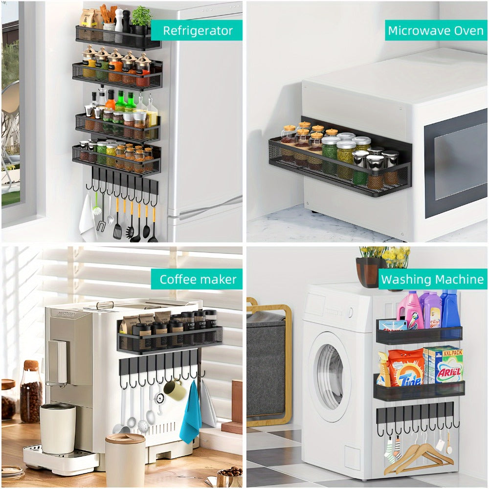 Magnetic Floating Shelf for Refrigerator 4-Piece Set with Hooks Strong Magnet Kitchen Organizer Fridge Side Storage for Spices Bottles Dorm