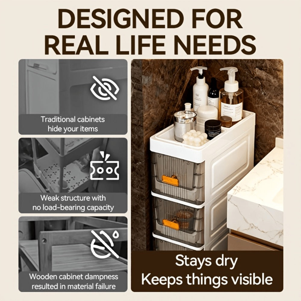 Slim Storage Cabinet with Drawers & Wheels - Waterproof PP Bathroom Kitchen Organizer, 3-5 Layer Tower Unit for Small Spaces