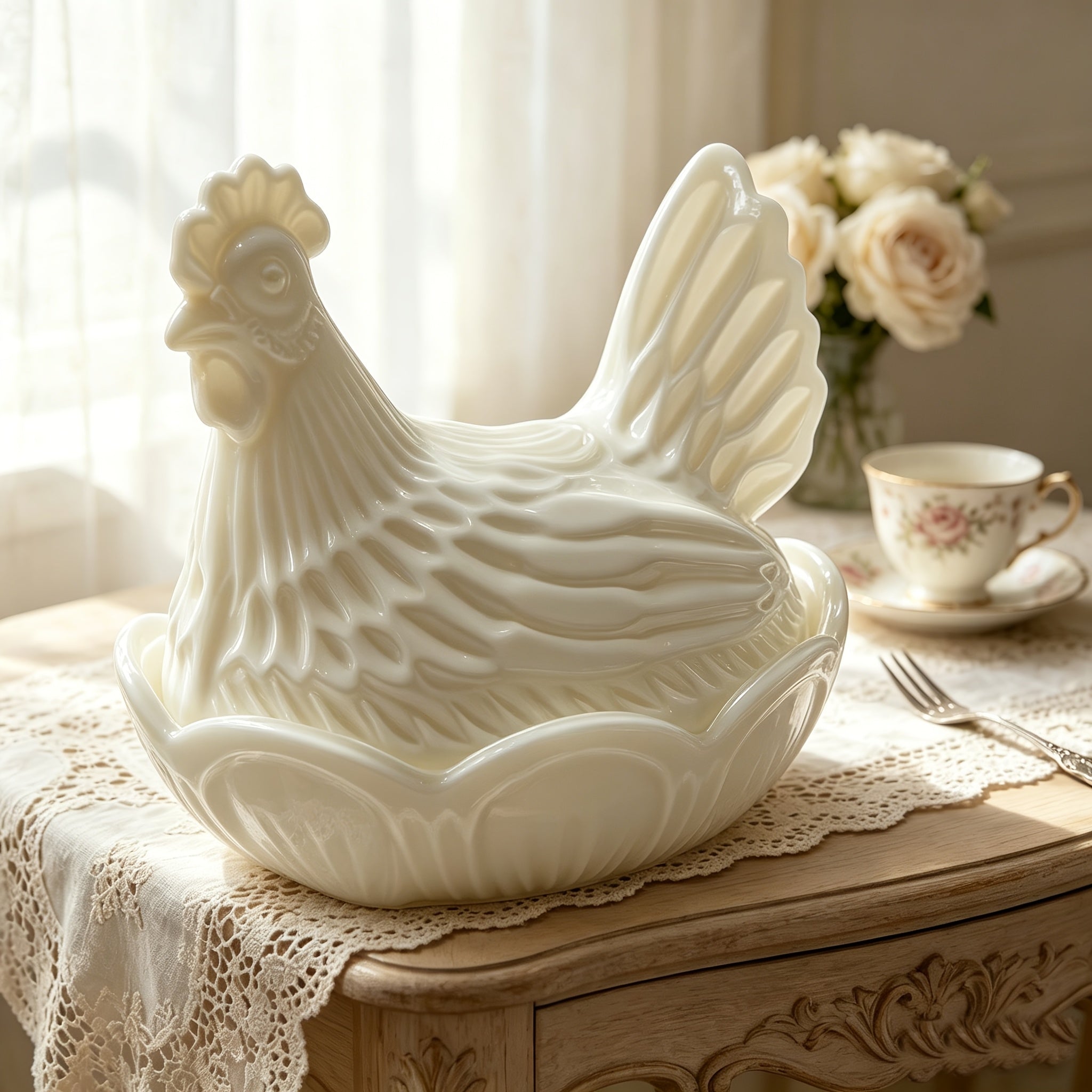 Glass Chicken Candy Jar - Vintage Milk Glass Nesting Hen Cookie Jar with Lid for Home Decor, Kitchen Display & Gifts