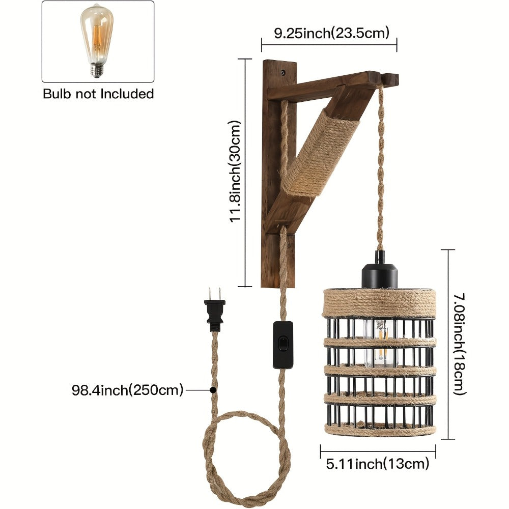 Plug In Wall Sconces Set of 2 or 1 ¨C Rustic Farmhouse Wall Lamp with Metal Cage & Wooden Bracket, Plug-Into-Outlet Hanging Light for Bedroom, Living Room & Headboard