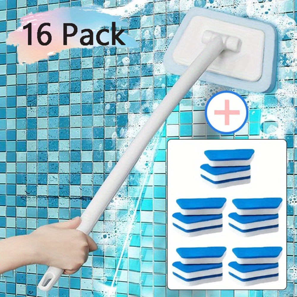 Cleaning Brush Set 16pcs All-Purpose Deep Clean System | 2-in-1 Bath Scrubber & Window Squeegee with 22¡± Extendable Handle | 90¡ã Rotating Head Bathtub Brush Kit for Indoor & Outdoor Surface Cleaning