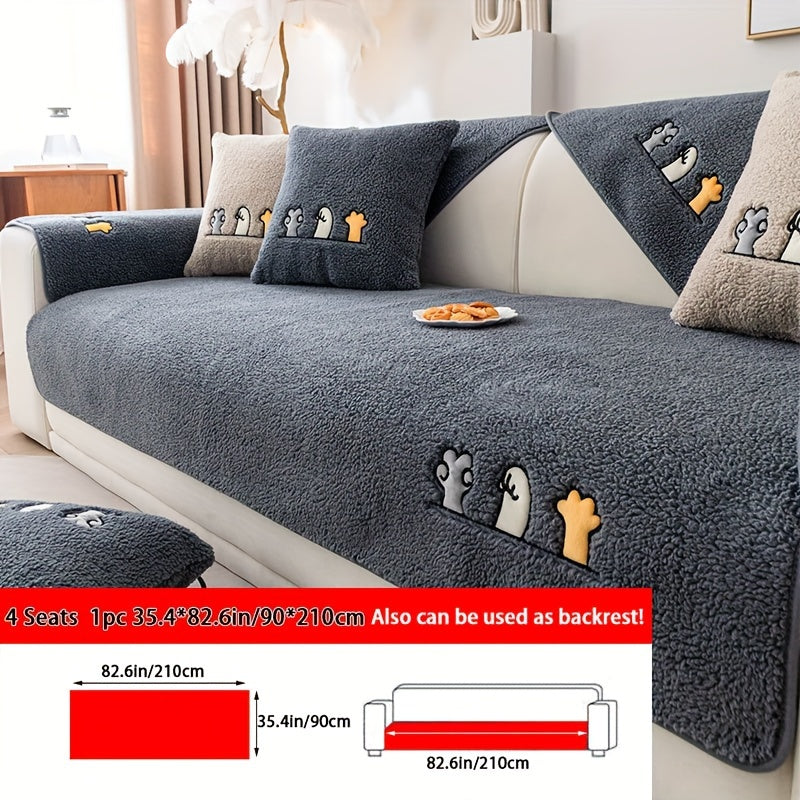 Plush Shearling Sofa Cover Non-Slip Pet-Friendly Couch Protector Animal Bone Embroidery Soft Warm for Living Room Bedroom Office 2 3 4 Seater