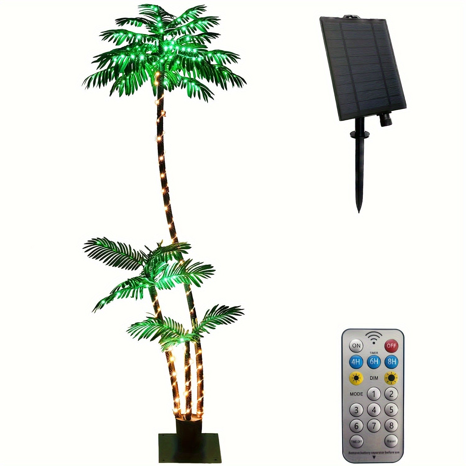 Lighted Artificial Palm Tree Solar Powered 7FT with 3 Trunks & 260 LED Lights, 8 Lighting Modes 2600mAh Battery, Outdoor Indoor Fake Palm Tree Decor for Tiki Bar Patio Yard Pool Beach Party