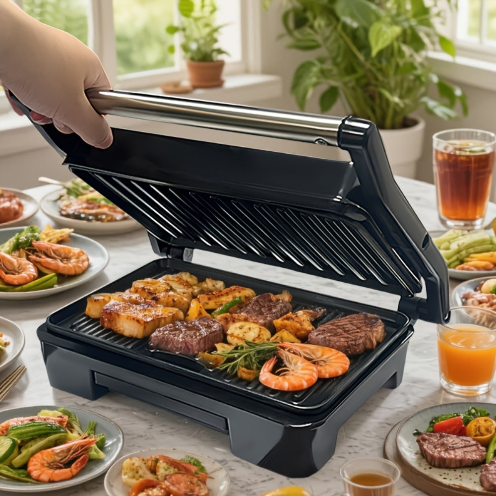 Electric Panini Press Grill Double-Sided Heating Sandwich Maker Waffle Iron Steak Grill Indoor Barbecue Machine for Panini Toasts Burgers Sausages Quick Meals Home Kitchen