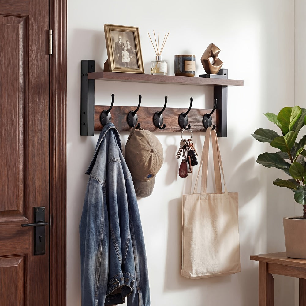 Wall Mounted Coat Hook Shelf with 5 Hooks - Wooden Floating Shelf & Key Rack Organizer for Entryway, Bedroom, Bathroom, Kitchen & Living Room - Rustic Vintage Style