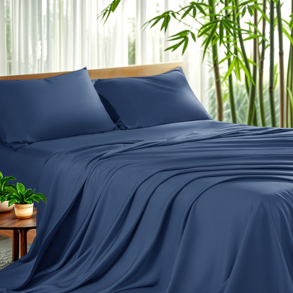 Bamboo Sheet Set 4pcs Cooling Deep Pocket Wrinkle Resistant Bedding All-Season Fitted Flat Sheet 2 Pillowcases Gift Box